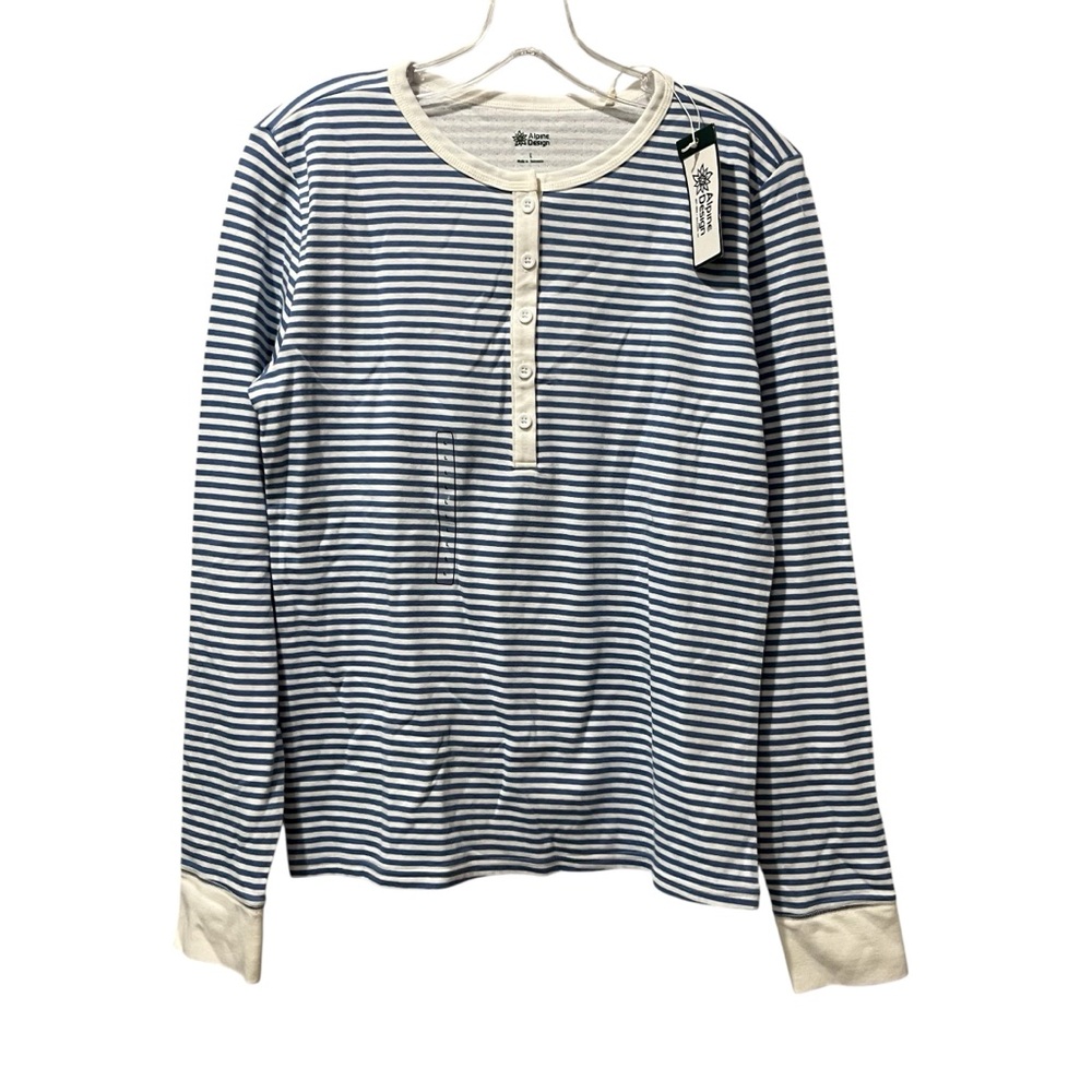 New Alpine Design Women Large Peak Duofold Henley Blue Striped Shirt Long Sleeve